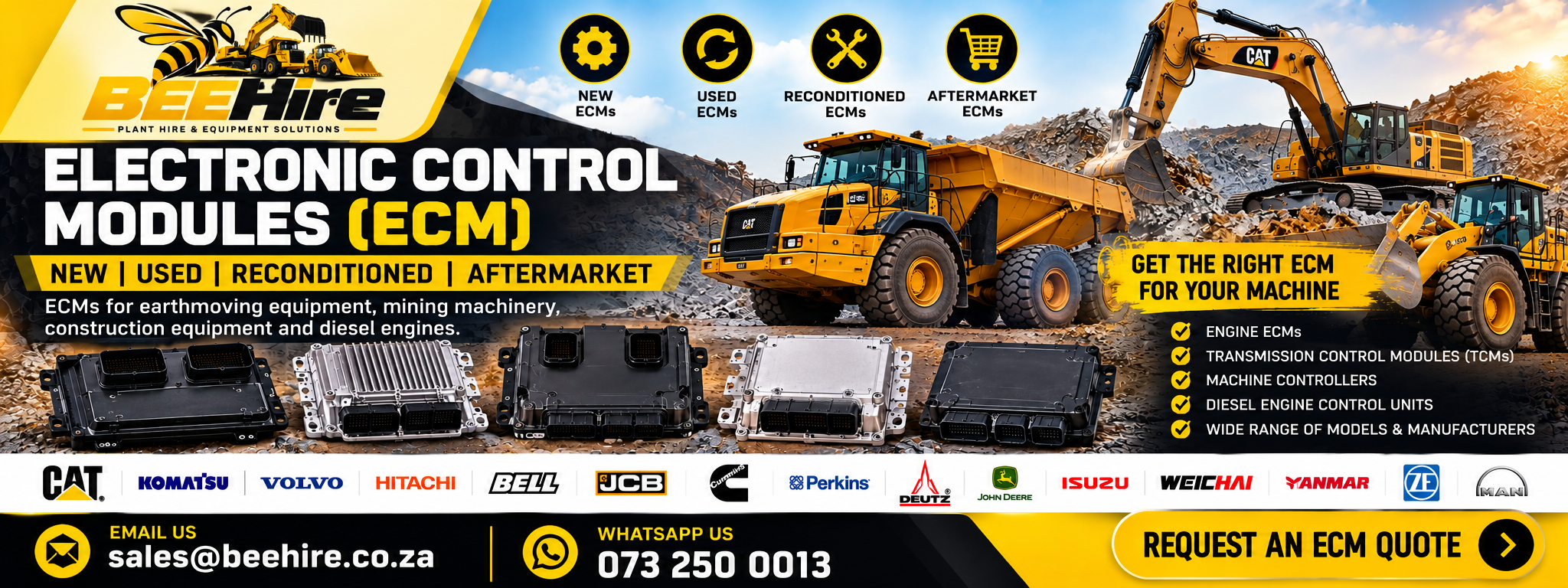 New, used, reconditioned and aftermarket Electronic Control Modules (ECM) for earthmoving equipment, mining machinery and diesel engines in South Africa.