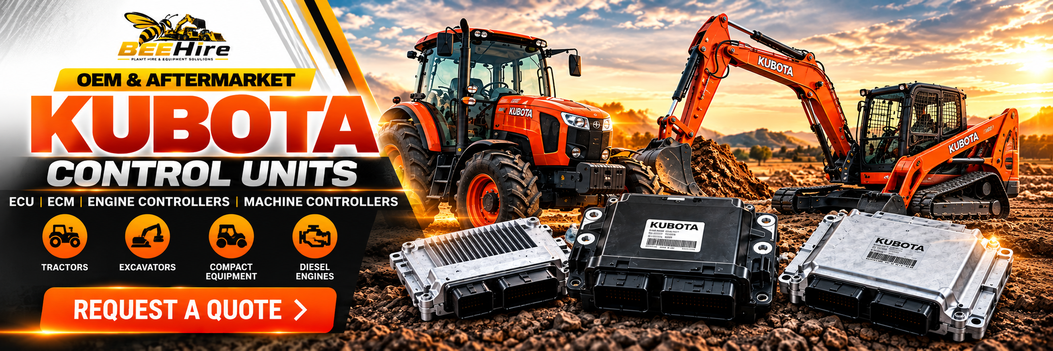 Kubota ECU and ECM control units for tractors, excavators and diesel engines supplied through BeeHire.
